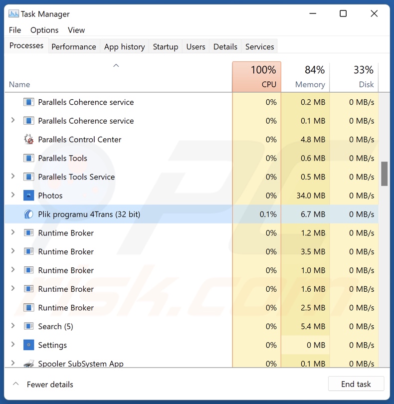 Plik programu 4Trans PUA process on Task Manager