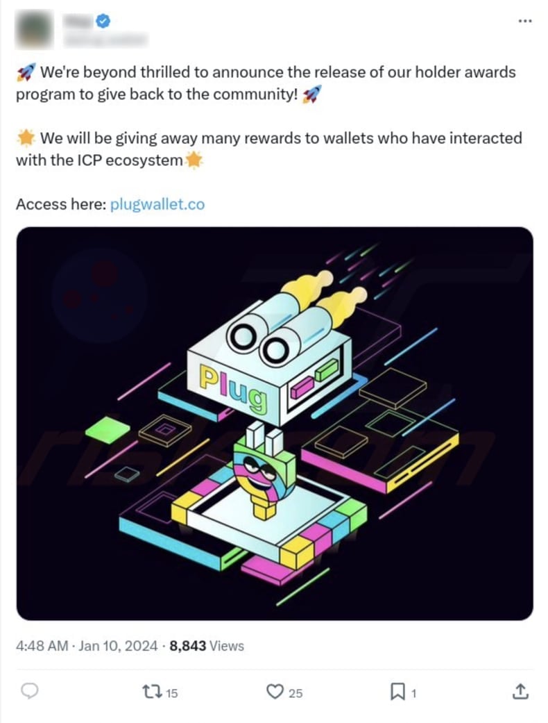 Plug wallet scam X (Twitter) post promoting the scam
