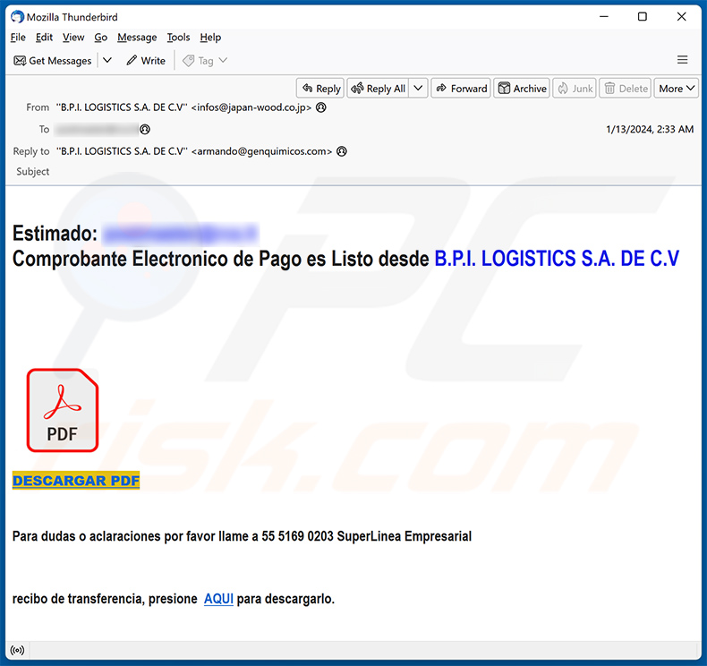 Spanish variant of Proof Of Payment email scam (2024-01-16)