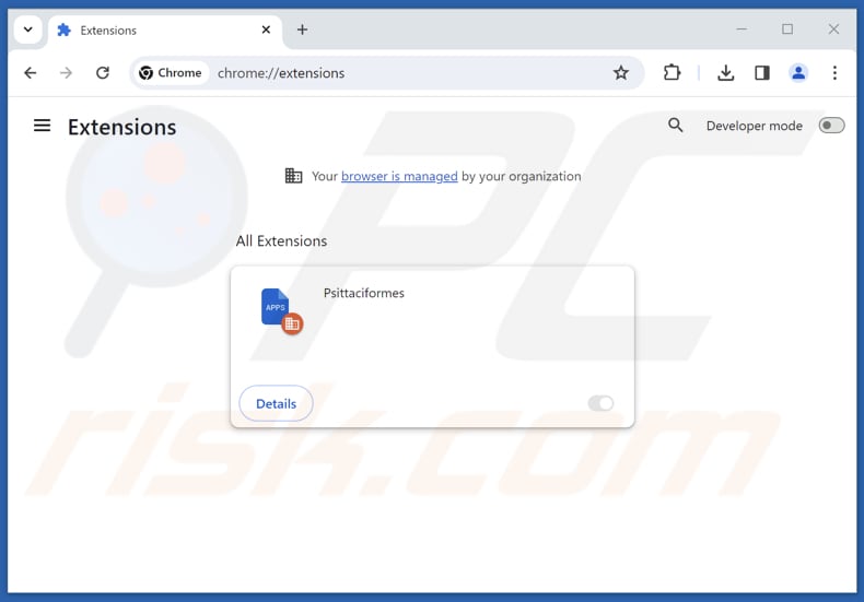 Removing Psittaciformes malicious extension from Google Chrome step 2