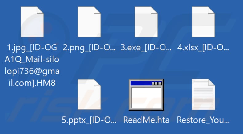 Files encrypted by RCRU64 ransomware (.HM8 extension)