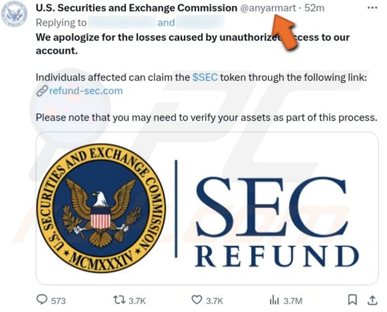 SEC Token Refund Airdrop scam X (Twitter) post promoting the scam