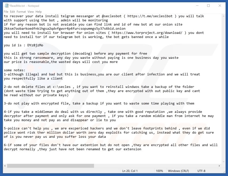 Secles ransomware ransom note (ReadMe.txt)
