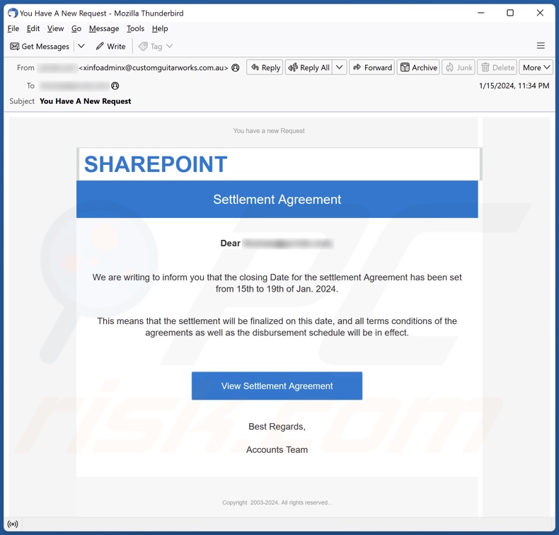 SharePoint Settlement Agreement email spam campaign
