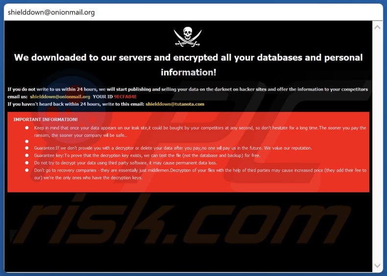 Shiel ransomware ransom note (pop-up)