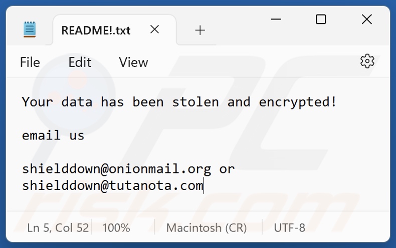 Shiel ransomware text file (README!.txt)