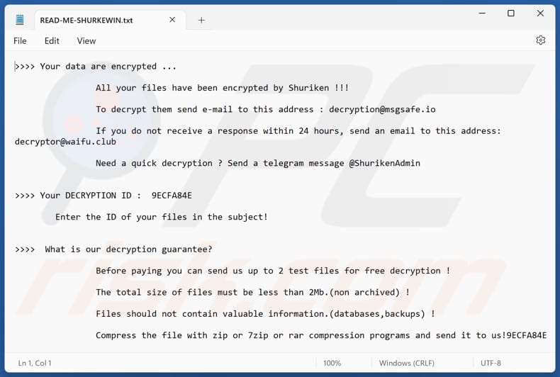 Shuriken ransomware text file (READ-ME-SHURKEWIN.txt)
