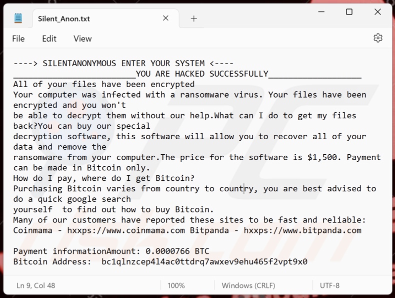 SilentAnonymous ransomware ransom note (Silent_Anon.txt)