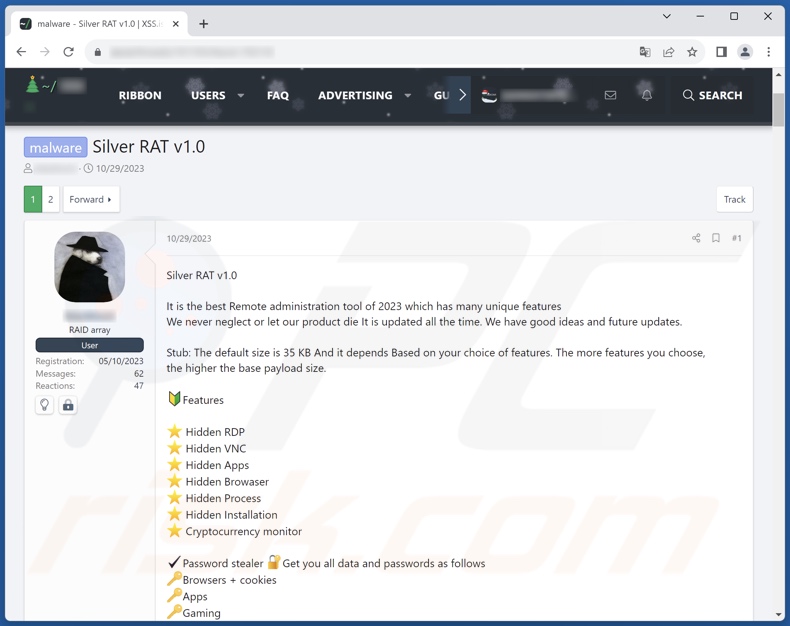 Silver malware endorsed on a hacker forum