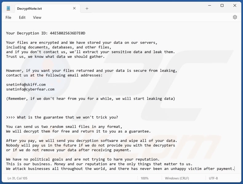 SNet ransomware ransom note (DecryptNote.txt)