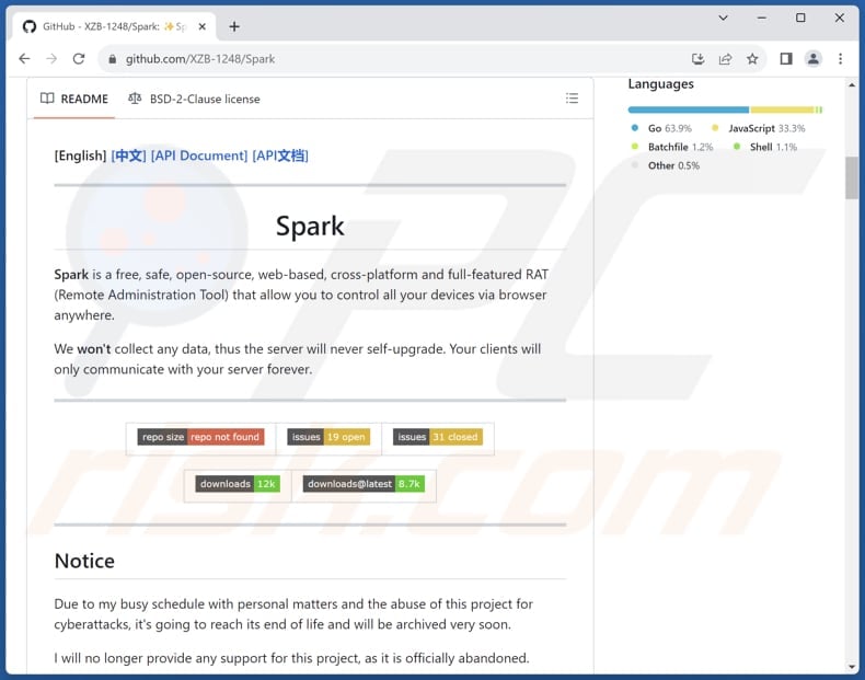 SparkRAT malware on GitHub