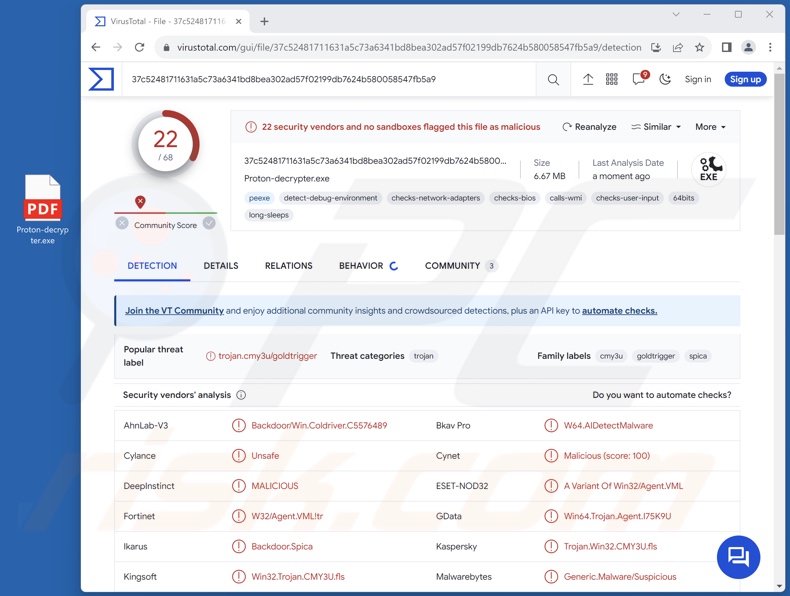 SPICA malware detections on VirusTotal