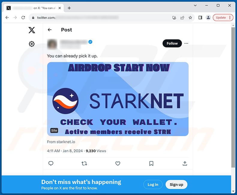 X (Twitter) post promoting Starknet Airdrop scam (sample 2)