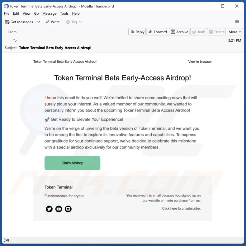 Token Terminal's Airdrop scam endorsing spam email