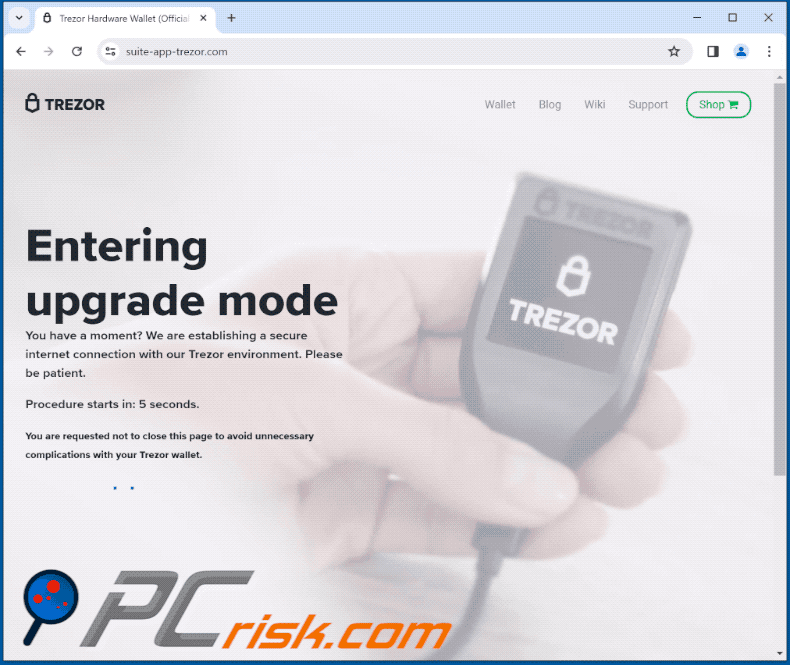Appearance of Trezor Upgrade Your Networks scam (GIF)