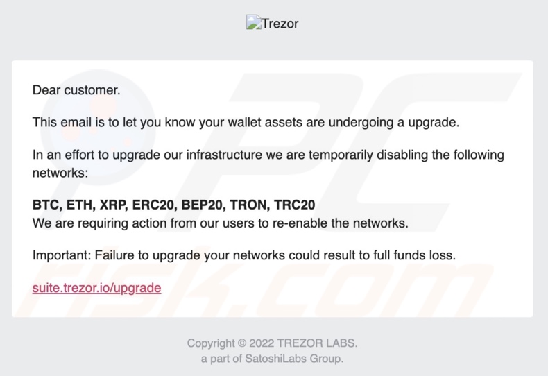 Trezor Upgrade Your Networks scam promoting spam email
