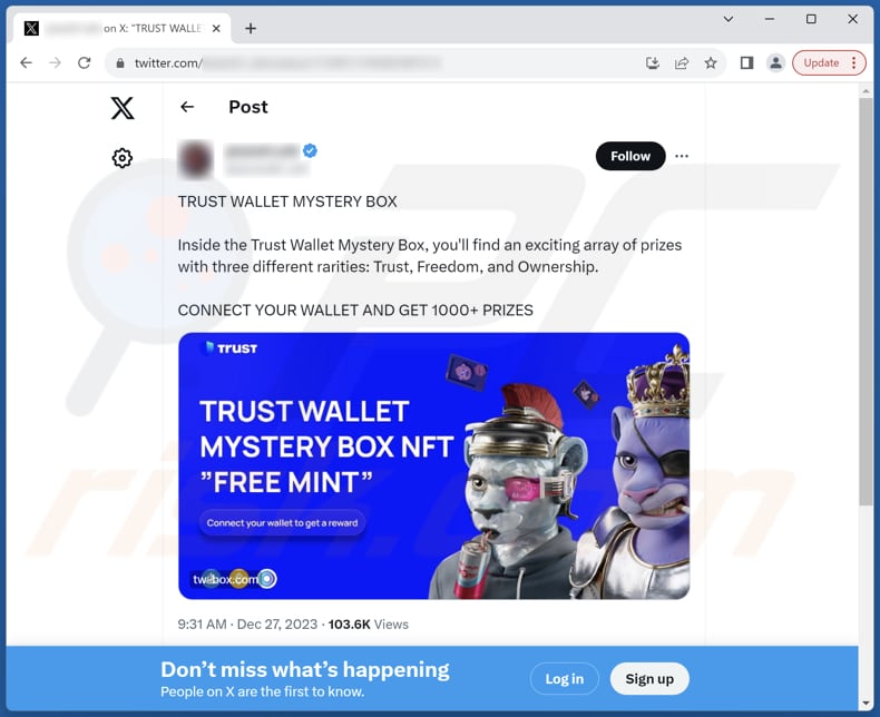 Trust Wallet Mystery Box scam Twitter (X) post promoting this scam