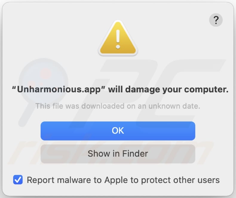 Pop-up displayed when Unharmonious.app adware is detected on the system