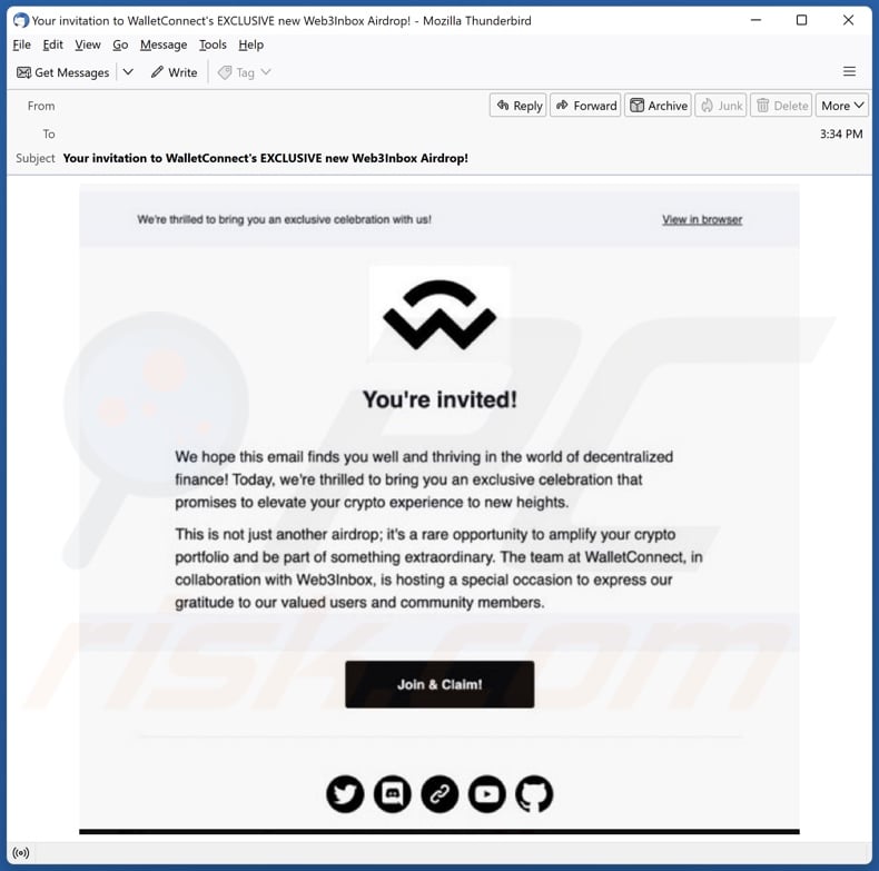 Spam email promoting the WalletConnect & Web3Inbox Airdrop scam