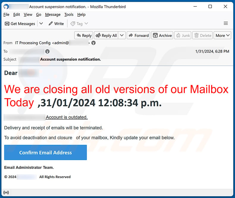We Are Closing All Old Versions Of Email scam (2024-02-01)