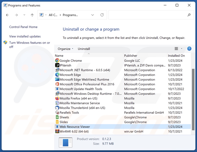 Web Resource Viewer uninstall via Control Panel