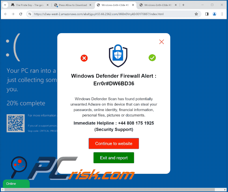 Appearance of Windows Defender Firewall Alert scam (GIF)