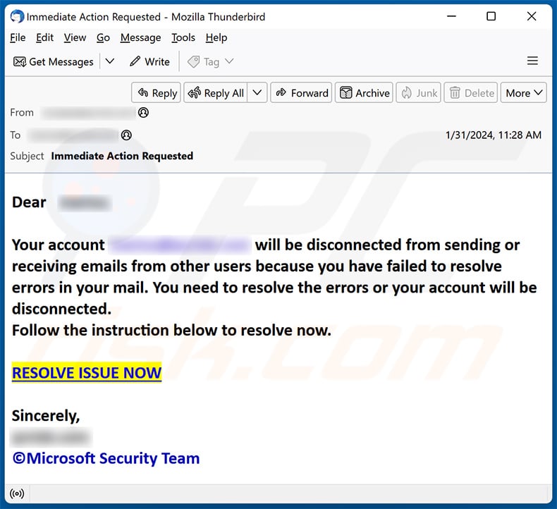 Your Email Account Will Be Disconnected email scam (2024-02-01)