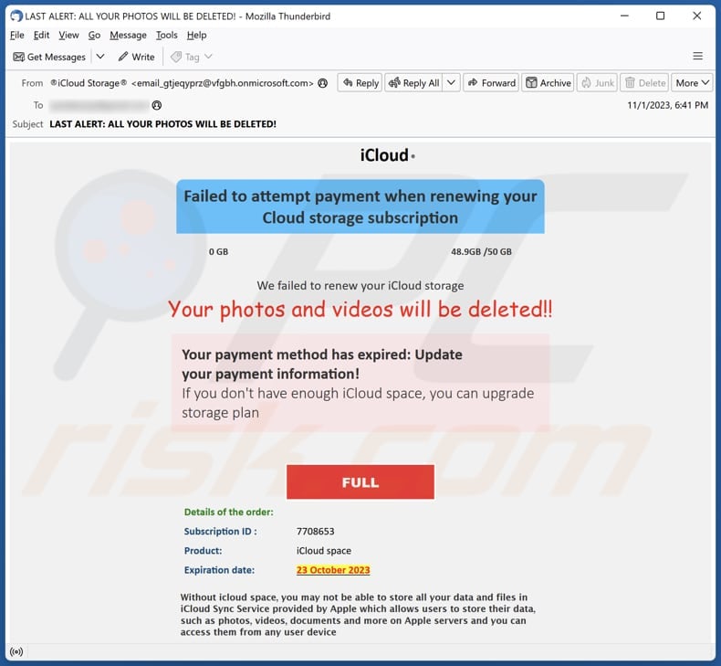 Your iCloud Photos And Videos Will Be Deleted email spam campaign