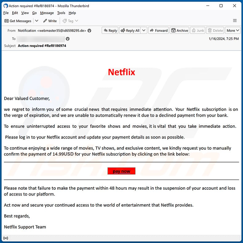 Your Netflix Subscription Suspended Within 2 Days email scam (2024-01-17)