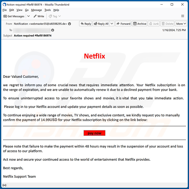 Your Netflix Subscription Suspended Within 2 Days email scam (2024-01-17)