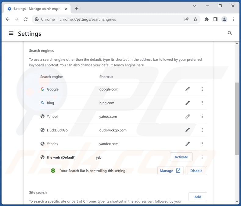 Removing yoursearchbar.me from Google Chrome default search engine