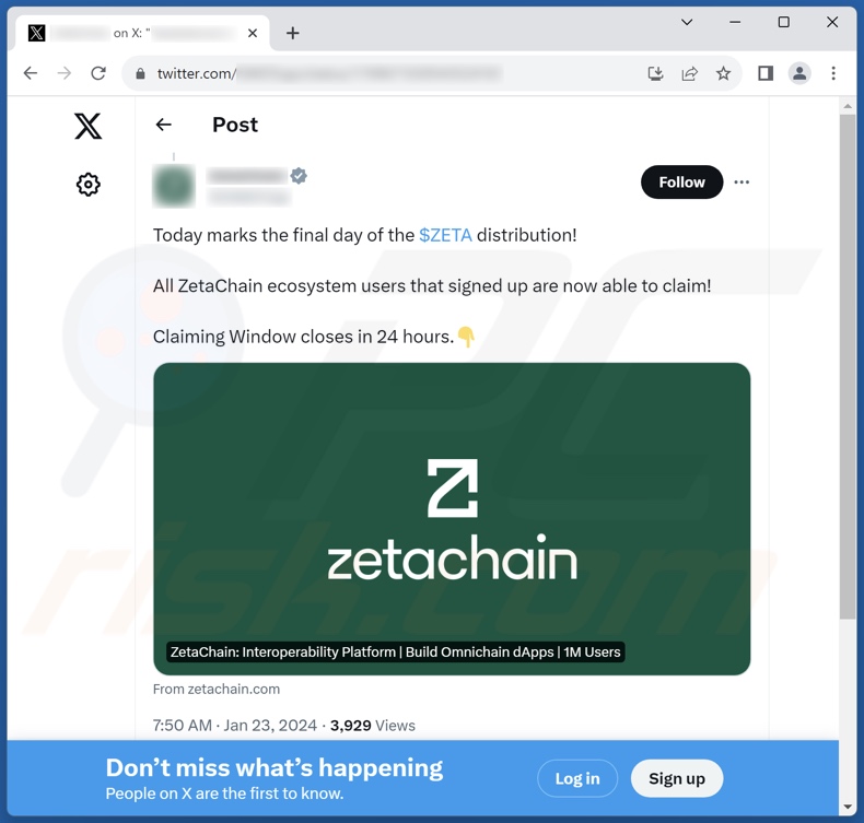 Post promoting the ZetaChain Airdrop scam on X (Twitter) social media platform
