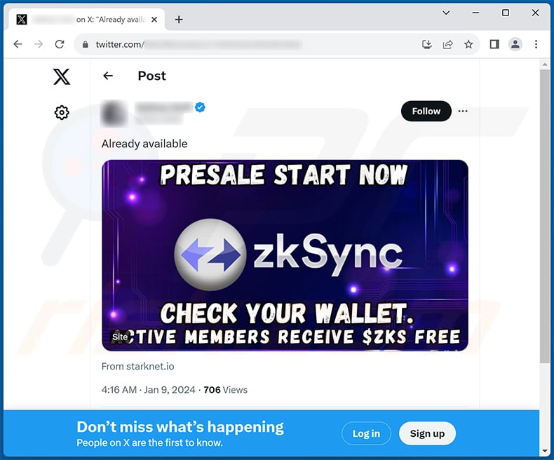 X (Twitter) post promoting zkSync scam website - reward-zksynk.club (2024-01-09)
