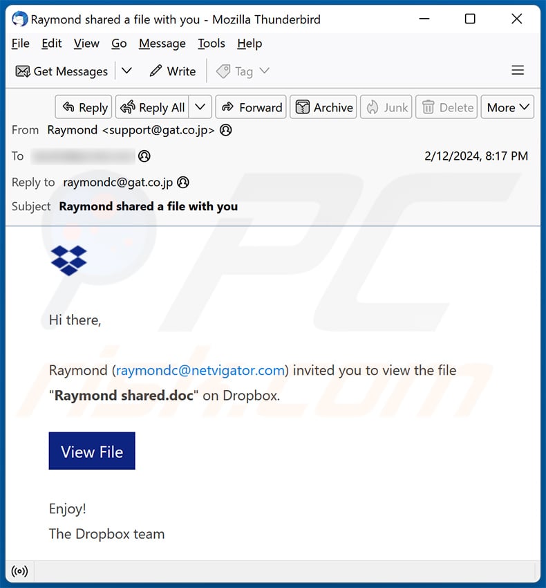 A File Was Shared With You Via Dropbox email scam (2024-02-13)