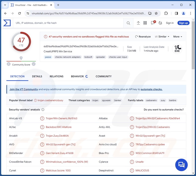 AllaKore malware detections on VirusTotal