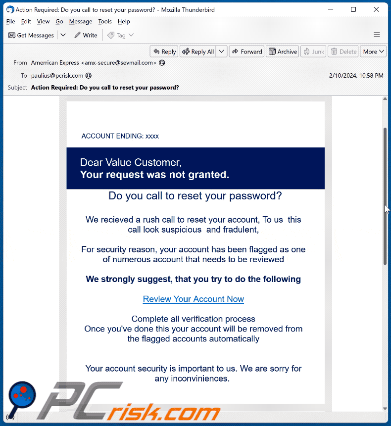 American Express - Call to Reset Your Account email scam appearance