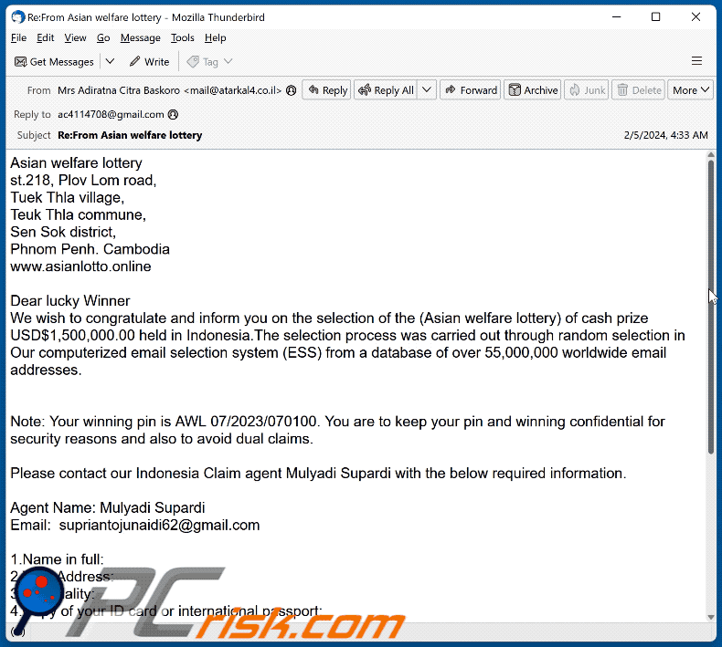 Asian Welfare Lottery scam email appearance (GIF)