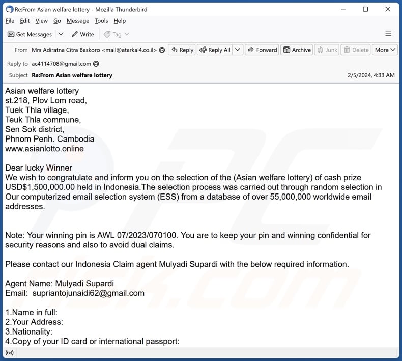 Asian Welfare Lottery email spam campaign