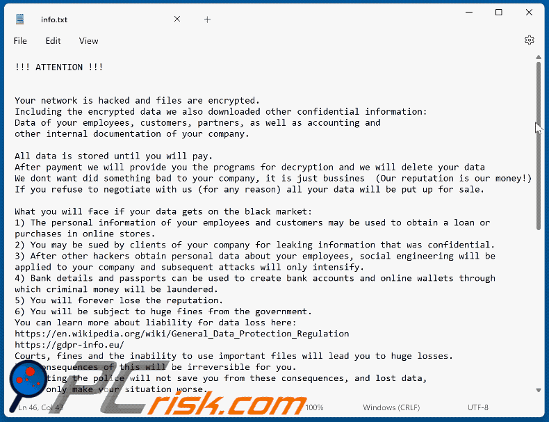 BackMyData ransomware ransom note appearance (info.txt)