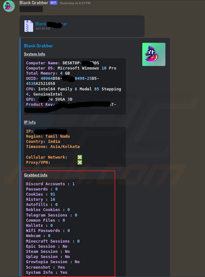 Blank Grabber malware stolen data