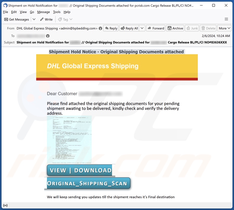DHL Global Express Shipping email spam campaign