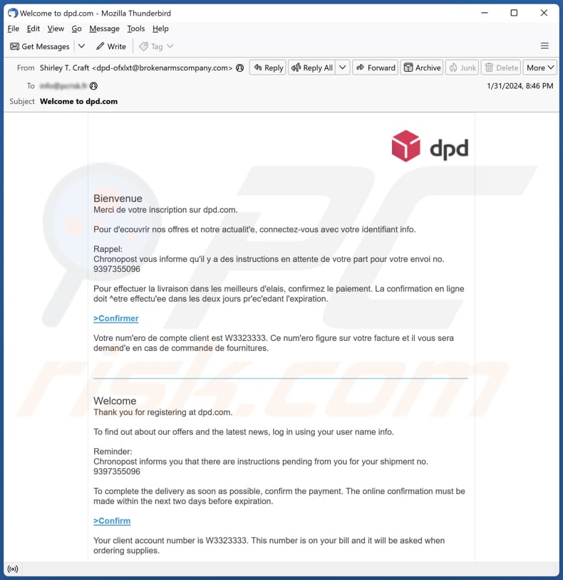 DPD Online Confirmation Must Be Made phishing email