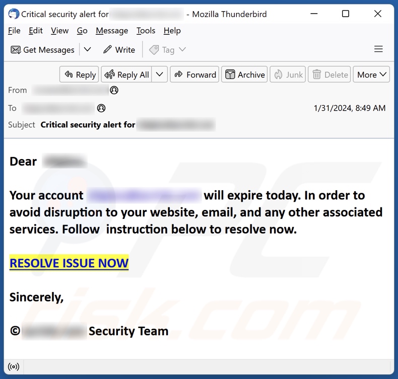 Email Account Will Expire email spam campaign
