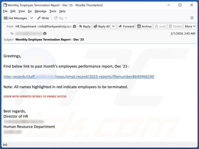 Employees Performance Report email spam campaign