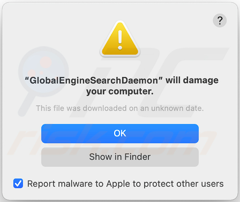 Pop-up displayed when GlobalEngineSearch adware is detected on the system