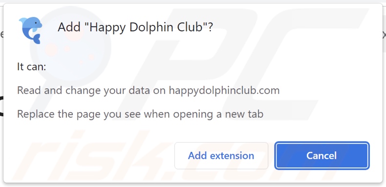 Happy Dolphin Club browser hijacker asking for permissions