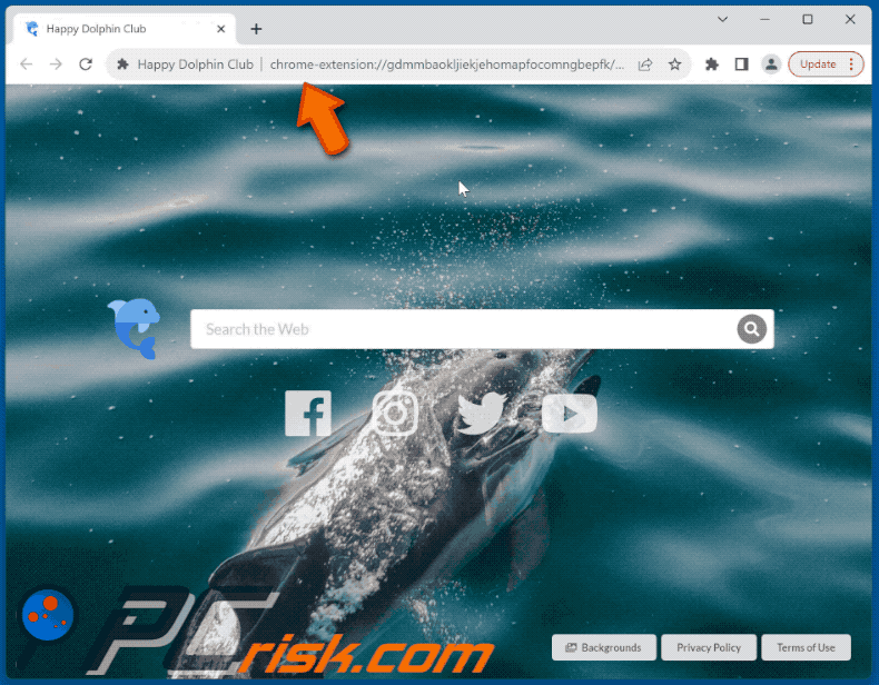 Happy Dolphin Club browser hijacker redirecting to Bing (GIF)