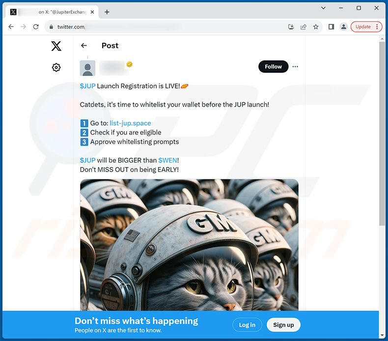 X (Twitter) post promoting Jupiter Airdrop scam website - listed-jup[.]space