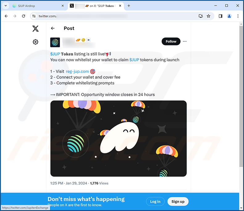 X (Twitter) post promoting Jupiter Airdrop scam website (reg-jup[.]com)