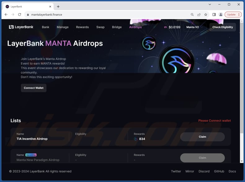 Another variant of the Layer Bank MANTA Airdrop scam page